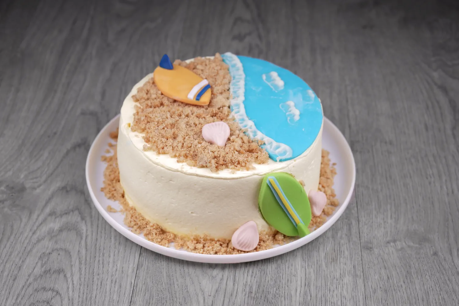 Pastel del verano, pastel de playa, playa, tablas de surf, pastel de vacaciones, pastel de cumpleaños