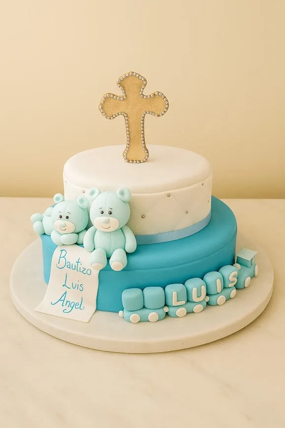 Pastel de bautizo, pastel para bautizo, bautizo, nacimiento, bebe, pastel fondant, pastel bautizo con fondant, pastel con angel, pastel con cruz, pastel con flores, flores para pastel, pastel oso, oso con globos, pastel con osito