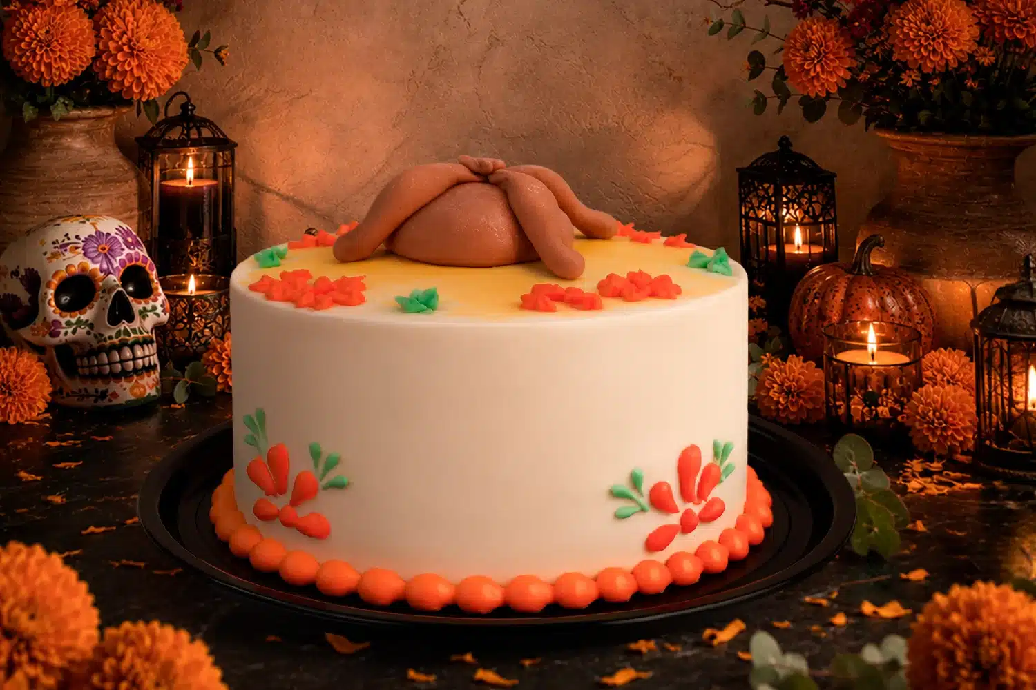 pastel con pan de muerto, pastel de cempasúchil, pastel para ofrenda tradicional, pastel temático día de muertos cdmx, pastel halloween