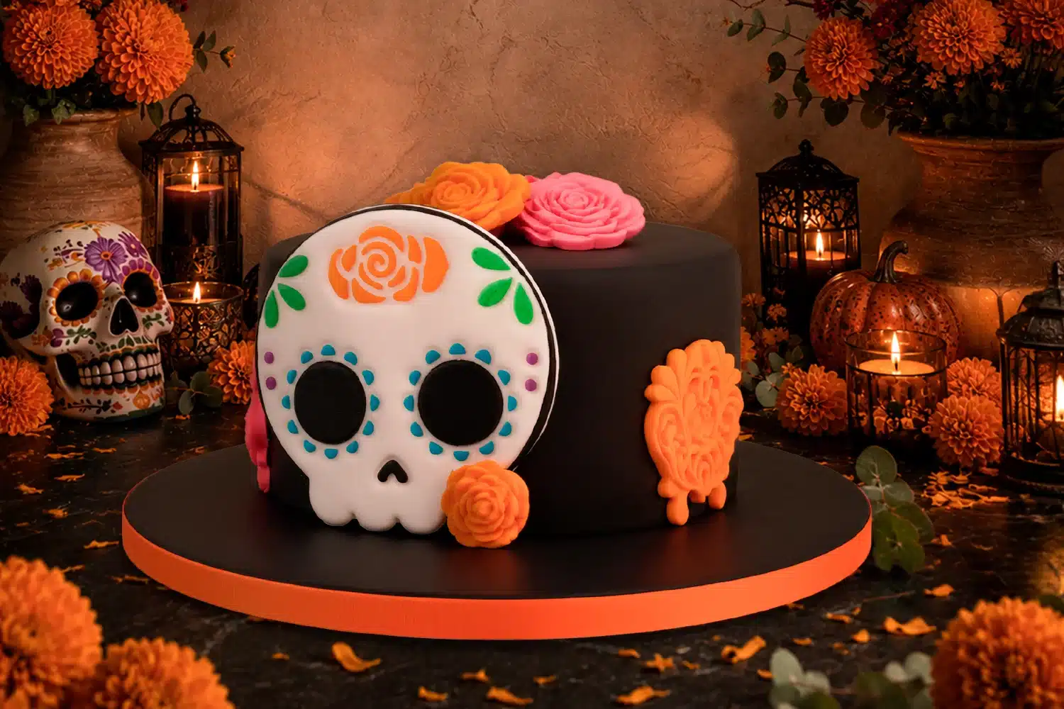 Pastel de Día de Muertos en fondant negro con calaverita de azúcar tradicional y flores de cempasúchil en CDMX