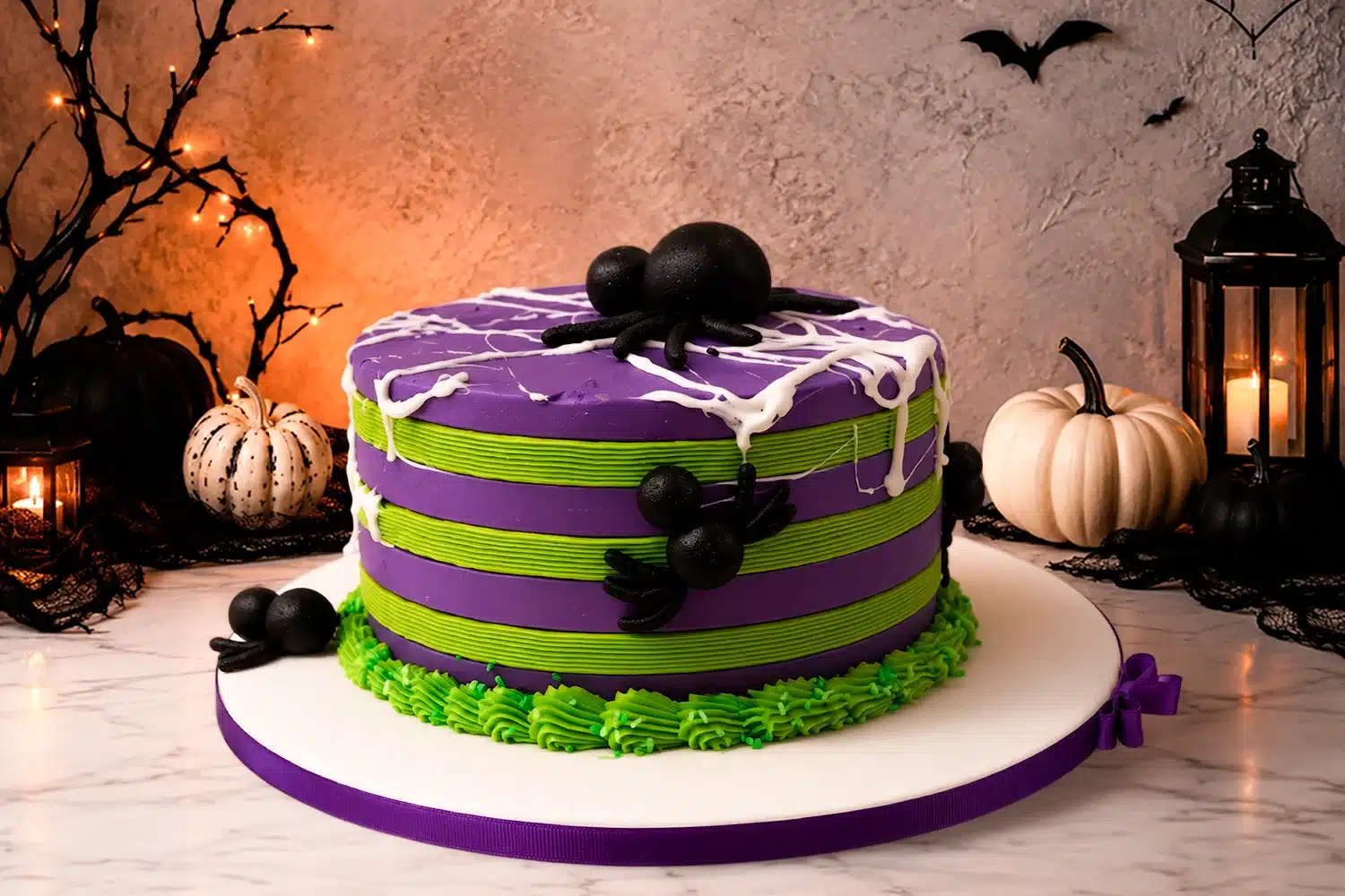 Pastel de Halloween a rayas moradas y verdes decorado con telarañas dulces y arañas negras 3D en CDMX