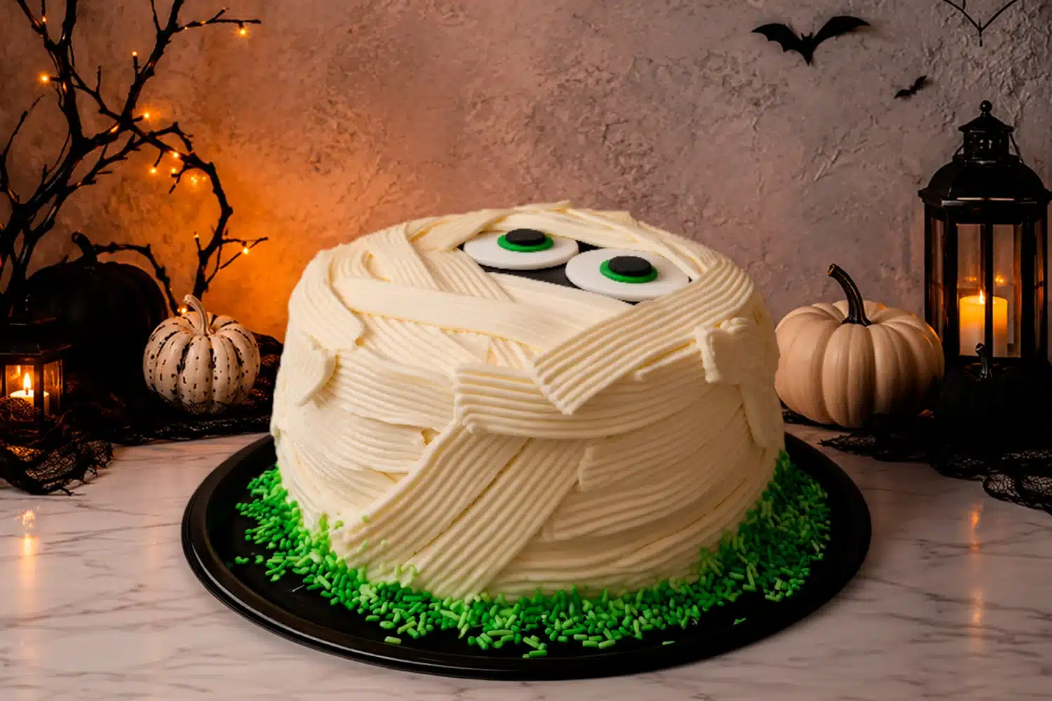 Pastel de momia para fiesta de Halloween decorado con betún en tiras de vendaje y ojos verdes en CDMX